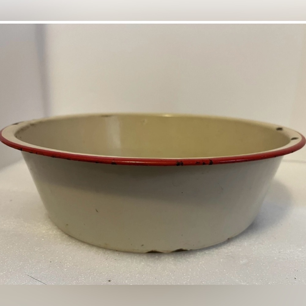Enamel Bowl Basin Red Trim Metal 13" X 4" Cream and Red Decor